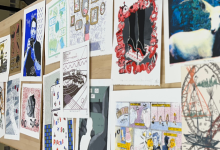 Feature images including artwork by Nipissing students