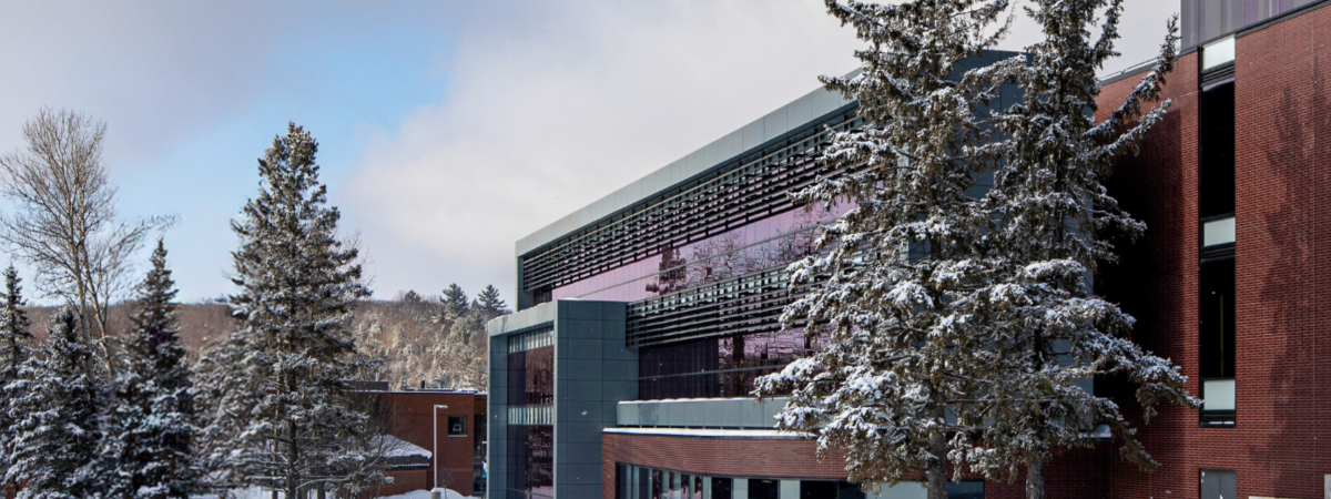 A snowy photo of the campus library and the nature that surrounds it.