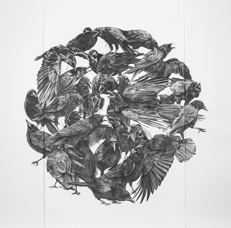 Photo of art piece featuring a lot of crows