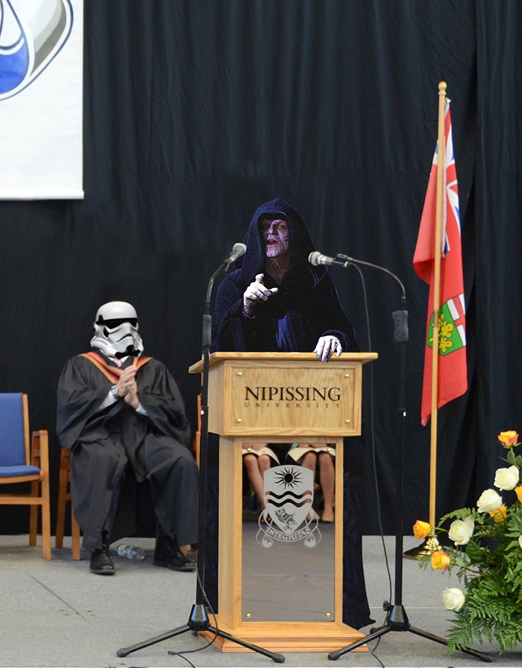 Hilarious photoshopped image of Chancellor Palpatine at the convocation podium