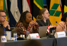 Alumnus Holly Garnett sits at a table with colleagues and national flags in the background.