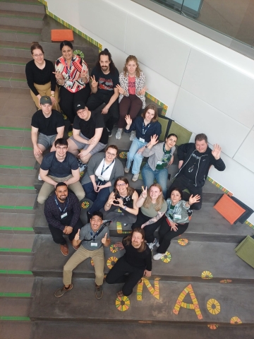School of business students sitting in a group on a staircase during their recent trip to Finland